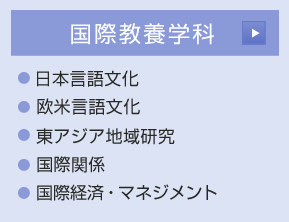 国際教養学科：日本言語文化、欧米言語文化、東アジア地域研究、国際関係、国際経済・マネジメント