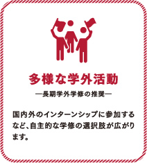 多様な学外活動。長期学外学修の推奨。国内外のインターンシップに参加するなど、自主的な学修の選択肢が広がります。