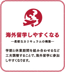 海外留学しやすくなる。柔軟なカリキュラムの構築。楽器と休業期間を組み合わせるなど工夫調整することで、海外留学に参加しやすくなります。